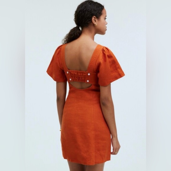 MADEWELL Square Neck Mini Dress Linen Dark Copper Orange Size 00 NWT - Picture 2 of 15